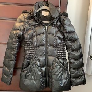 Laundry black bubble zip up coat with detachable hood!